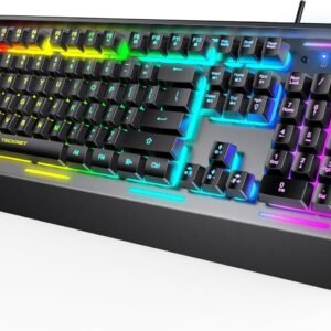 TECKNET USB Wired Gaming Keyboard, RGB Backlit, 25 Anti-Ghosting Keys, IP32 Water Resistant Design, Quiet Switches, Black